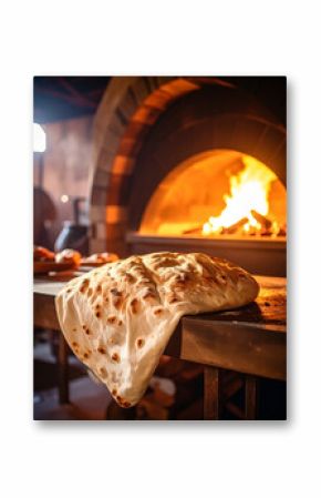 A close-up of fragrant lavash bread, thin and pliable, draped over a traditional tandoor oven's edge, indicating freshness.