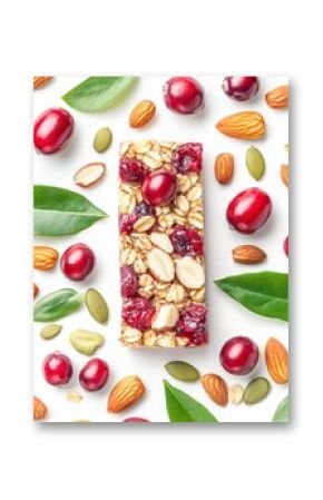 Cranberry Almond Granola Bar: A delicious and healthy cranberry almond granola bar, surrounded by fresh cranberries, almonds, and pumpkin seeds.