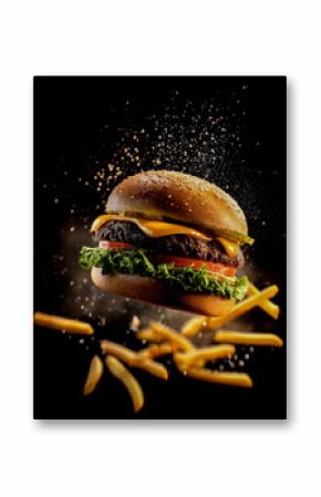 A realistic photograph captures a juicy cheeseburger mid-flight, accompanied by crispy chips and salt, all suspended against a dramatic black background, highlighting flavor, motion, and mouthwat