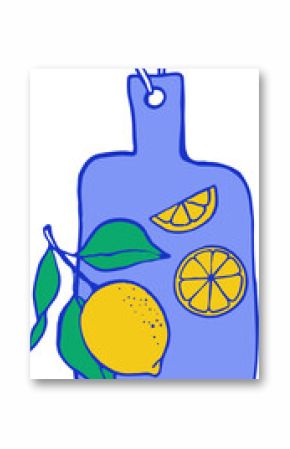 Cutting board with lemons vintage illustration