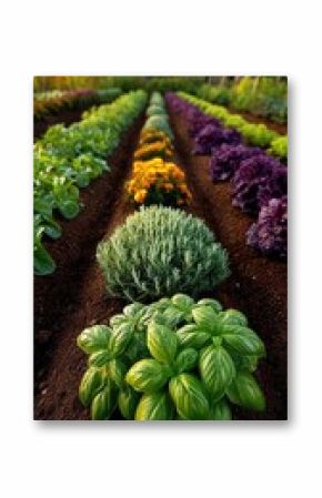 Vibrant Organic Herb Garden Rows of Basil Rosemary