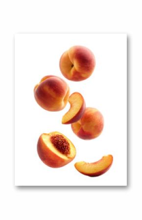 Ripe Peaches and Slices Falling and Spinning on Transparent Background  