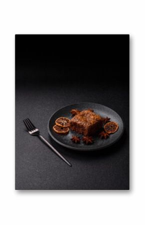 Chocolate brownie cake, food, sweet dessert with nuts rectangular shape. Sweet chocolate brownie