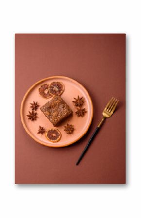 Chocolate brownie cake, food, sweet dessert with nuts rectangular shape. Sweet chocolate brownie