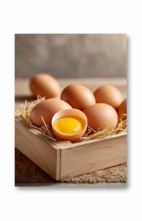 Fresh eggs displayed in a wooden box filled with straw, one egg cracked open revealing vibrant yolk. Rustic setting offers warm tones, concept of farming, culinary arts, food preparation
