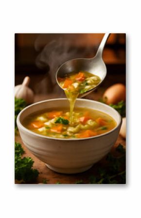 A steaming ladle pours delicious, golden soup with carrots and egg into a white bowl, surrounded by fresh ingredients