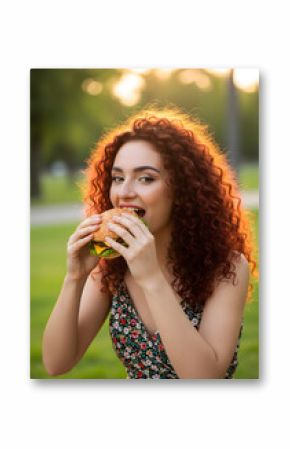 A young adult female with vibrant curly red hair, appearing happy, takes a large bite from a delicious burger outdoors at sunset