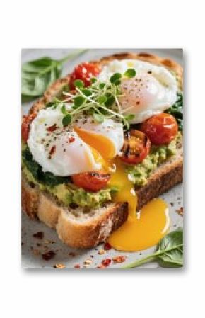 Delicious avocado toast topped with poached eggs, cherry tomatoes, and fresh greens served on a wooden table