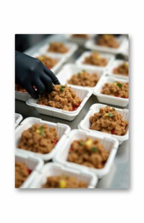 close-up, Volunteers pack free hot meals in lunchboxes, for poor people during lock down of covid19. food delivery. Charity project, donating aid,