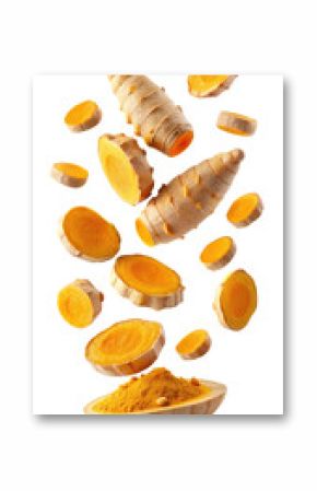 flying turmeric and half slices isolated on transparent white background, clipping path