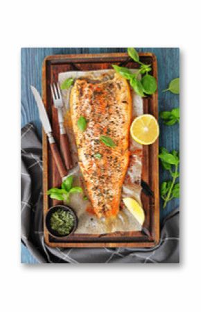 grilled salmon fillets with skin-on, top view