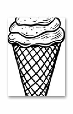 Hand drawn sketch of ice cream cone with waffle texture and swirled soft serve on white background