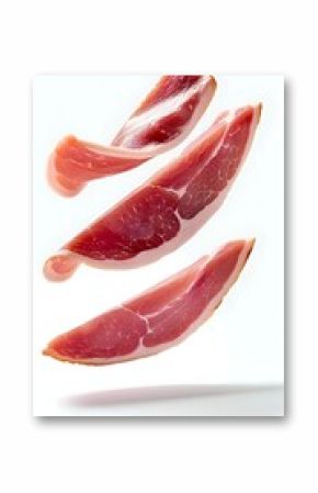 Thin slices of cured prosciutto ham floating in air on white background, showing marbled texture and rich red color. Isolated food photography for culinary use.