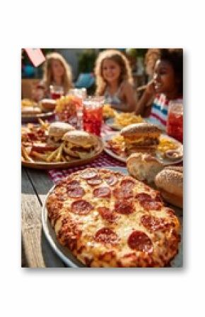 Friends Enjoy Outdoor Feast With Pizza, Burgers, and Drinks During Summer Gathering