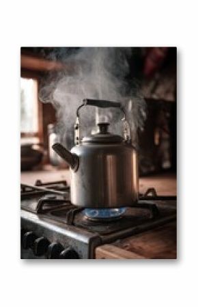 A kettle boiling on a clean biomass stove, showcasing sustainable cooking methods and eco-friendly practices.
