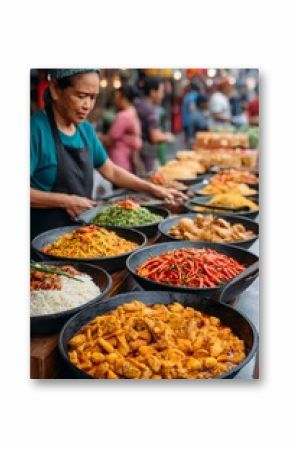 Street vendor preparing traditional asian food in busy market