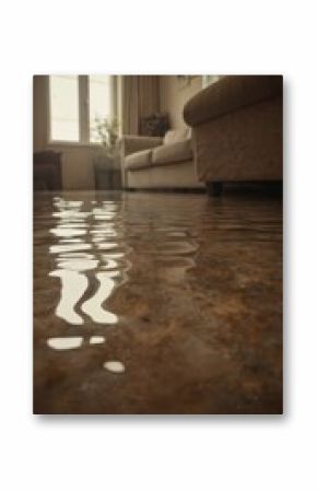 Flooded floor in residential living room with water damage. Submerged indoor area shows household disaster incident requiring emergency cleanup and restoration services.