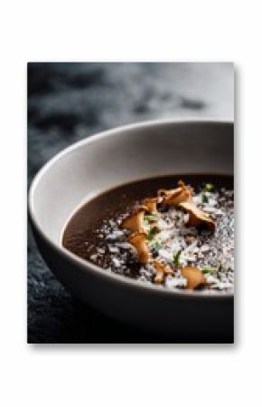Gourmet black trumpet mushroom soup with smoked sea salt and truffle oil on matte stone background