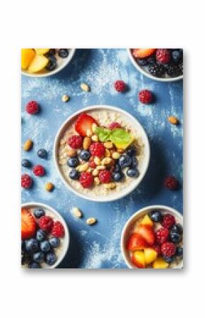 Vibrant breakfast scene with oatmeal topped with fresh berries, nuts, and basil leaf, surrounded by colorful fruit bowls on a dusty blue background with scattered ingredients