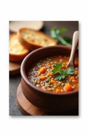 Hearty lentil and carrot soup served in a rustic wooden bowl with a spoon. Toasted bread slices accompany this warm, comforting meal, perfect for a cold day.