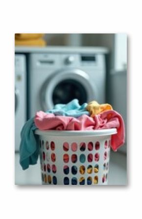 Overfilled laundry basket, blurred modern washing machine background, textile, messy