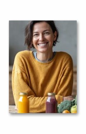 Happy mature woman promoting healthy eating habits while surrounded by vibrant detox juices and fresh produce, fully embracing a wellness lifestyle focused on nutrition and wellbeing