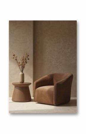 Modern brown armchair with curved design pairs with a matching side table holding a vase of dried flowers. Textured wall backdrop. Contemporary living room furniture offers comfort and style.