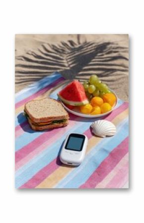 Portable glucose meter, sandwich and fruits on beach towel for diabetic summer vacation