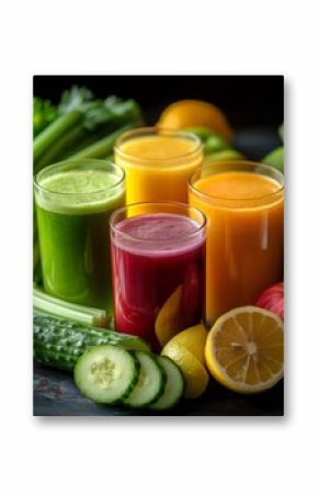 Colorful freshly squeezed fruit and vegetable juice promoting healthy lifestyle