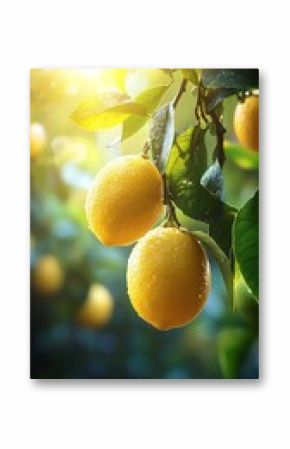 Two ripe lemons hanging on a branch in bright sunlight.