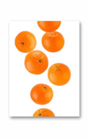 Seven ripe mandarins falling against a transparent background, creating a vibrant and juicy display