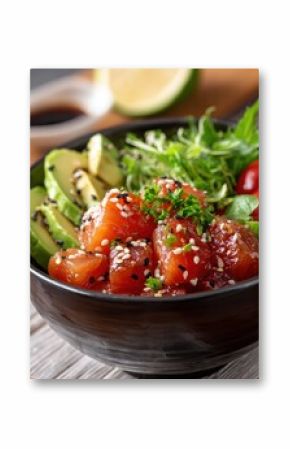 Fresh poke bowl with salmon, avocado and sesame seeds