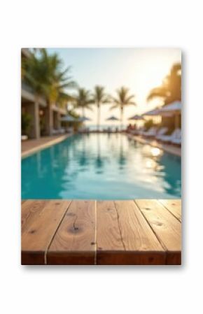 Empty wooden table in front of blurred swimming pool. Palm trees, lounge chairs, and umbrellas create a tropical resort ambiance. Perfect for showcasing products or relaxation themes.