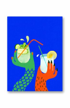 Surreal collage of mermaid and furry monster hands holding cucumber and citrus drinks. Concept of surreal drink ads, bar visuals, kids branding, pop campaigns, with whimsical emotion.