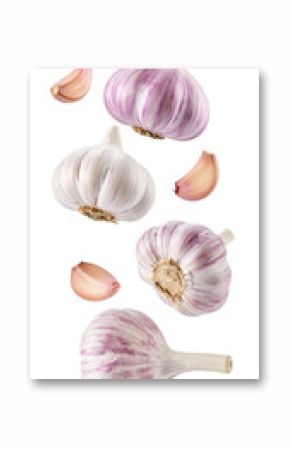 Several garlic bulbs and cloves falling against a transparent background, ready to add flavor to any dish
