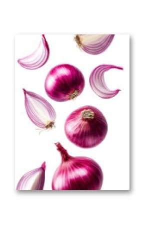 Flying red onion with slice isolated on a transparent background remove Png, clipping path