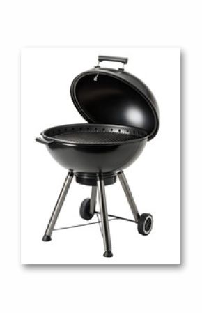 A black charcoal barbecue grill stands ready with its lid open. This isolated transparent png object is perfect for outdoor cooking.