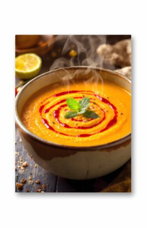 Steaming Hot Creamy Red Lentil Soup with Swirls and Mint