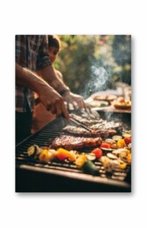 Vertical close-up of father and young son grilling ribs and colorful vegetables together, only hands visible, sizzling BBQ in sunny backyard garden, family summer vibe