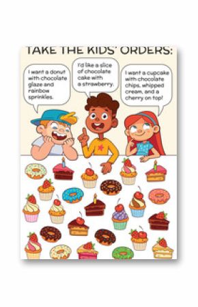 Fun logic puzzle for kids read each child dessert order and find the matching sweet treat. Great for attention, deduction, and visual thinking activities. Find the Match. Find by Clues. Spot it.