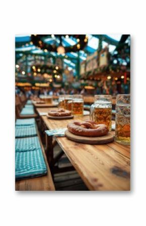 Enjoying Warm Pretzels and Refreshing Lager Mugs at a Lively Oktoberfest Table in a Festive Atmosphere
