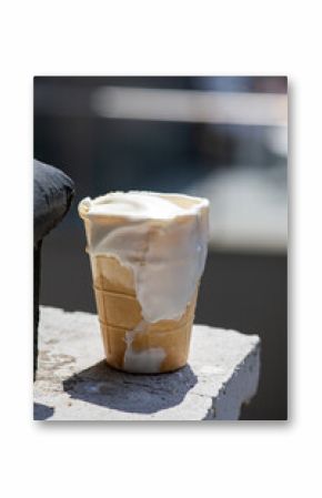 close up of a cream. Abnormal heat. Melted ice cream. Summer background for inscriptions