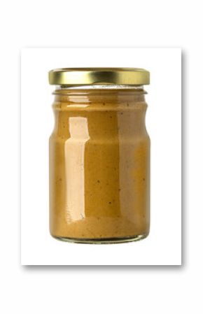 Glass jar containing mustard with gold lid on white background