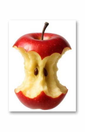 A red apple core with visible seeds and a brown stem, partially eaten to reveal the flesh, on transparent background.