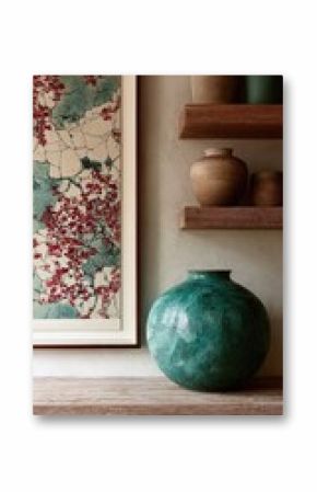Framed art, teal vase, wooden shelves