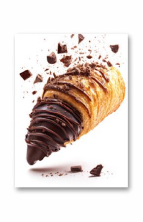 pain au chocolat flying with chocolate drizzle and crumbs, isolated on white background