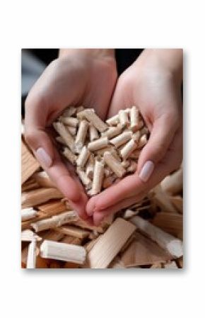 Hands holding biogas organic production particles shaped like a heart against a wooden background with soft lighting in a natural setting