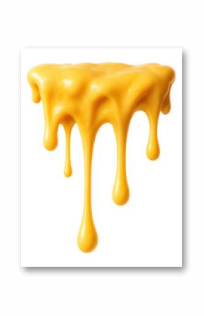 Thick yellow cheese sauce dripping smoothly in viscous streams on transparent background.