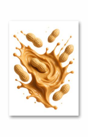 Peanuts are splashing into creamy peanut butter creating an artistic burst on transparent background.