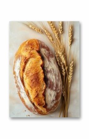 Rustic loaf of bread standing vertical on wheat bundle